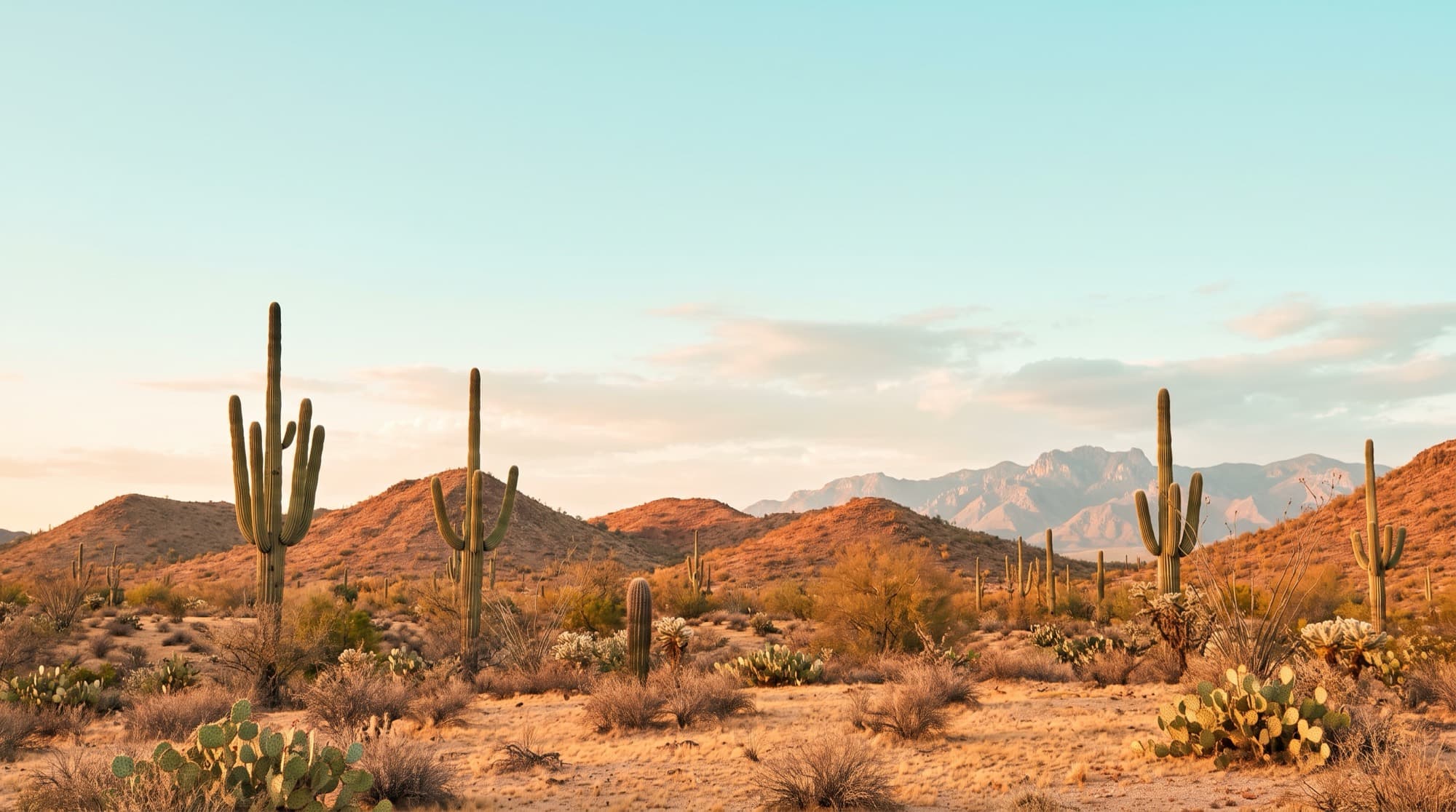 Arizona Sonoran desert with saguaro cacti at golden hour